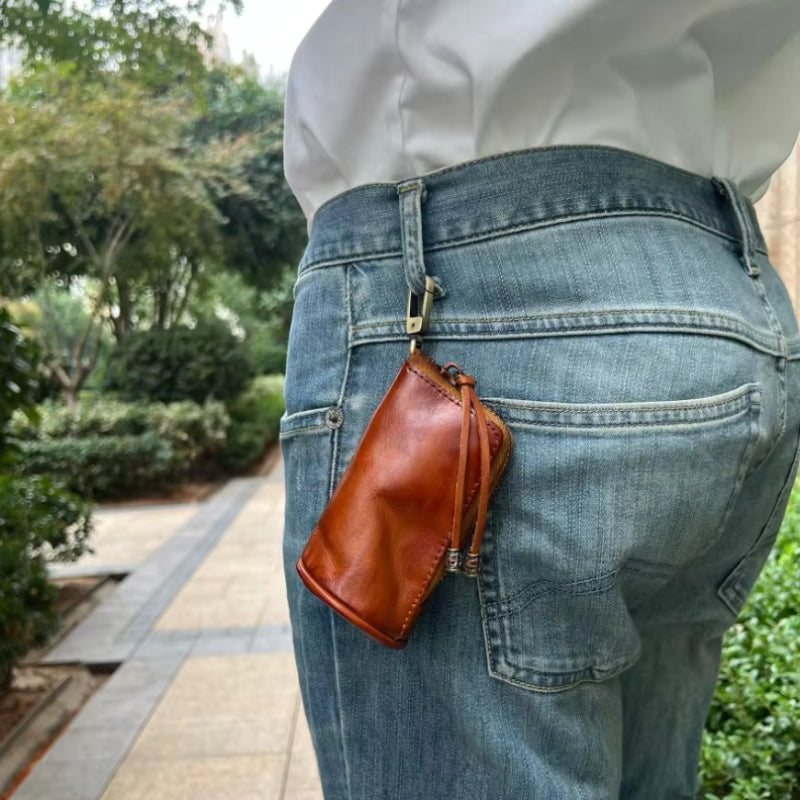Leather Keychain Wallet with Zipper & Compartments