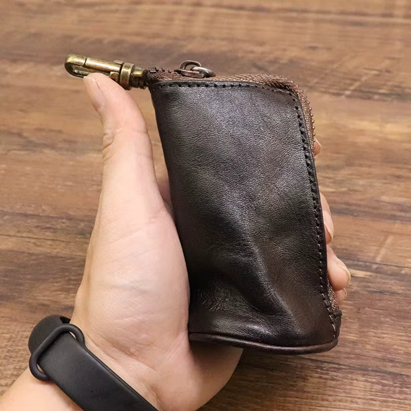 Leather Keychain Wallet with Zipper & Compartments