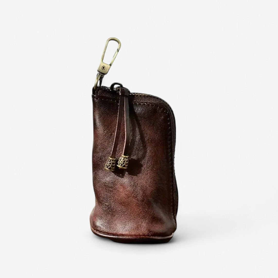 Leather Keychain Wallet with Zipper & Compartments