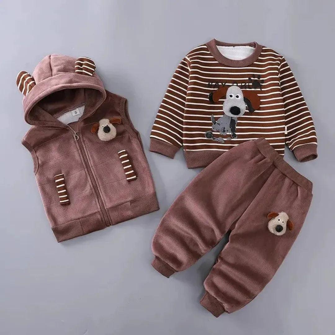 Baby three piece clothing set with hooded vest, sweatshirt and pants