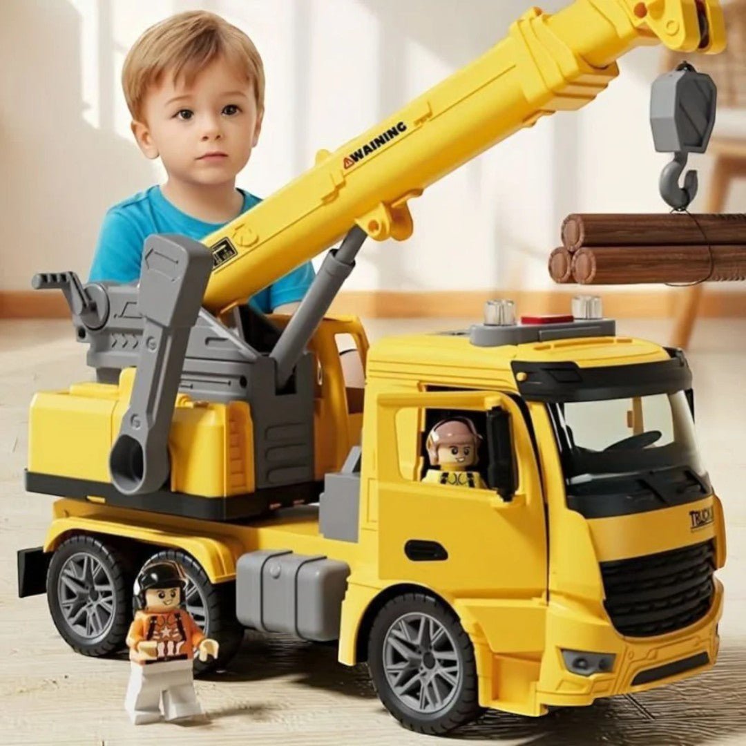 Construction crane toy with movable arm and lifting hook