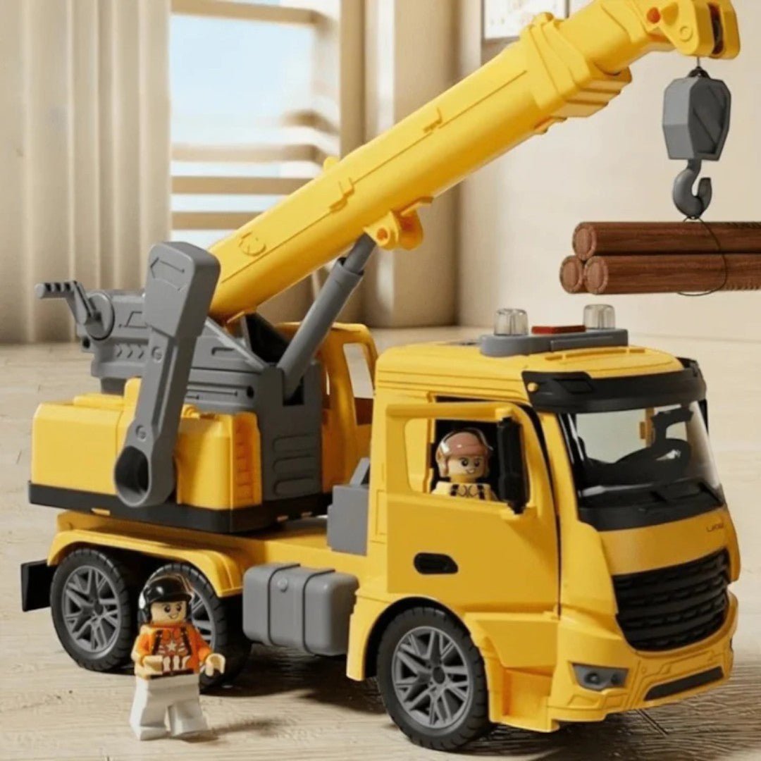 Construction crane toy with movable arm and lifting hook