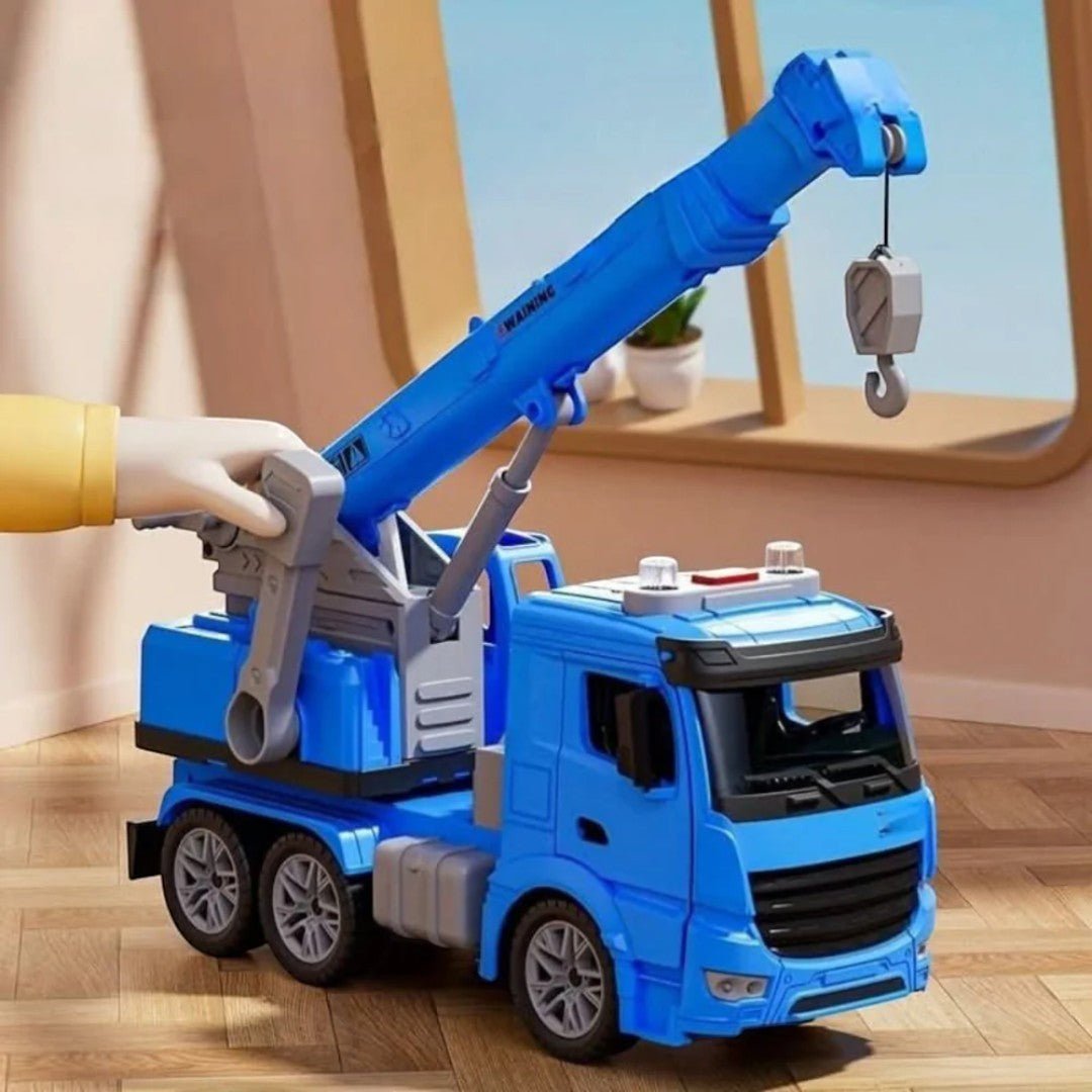 Construction crane toy with movable arm and lifting hook