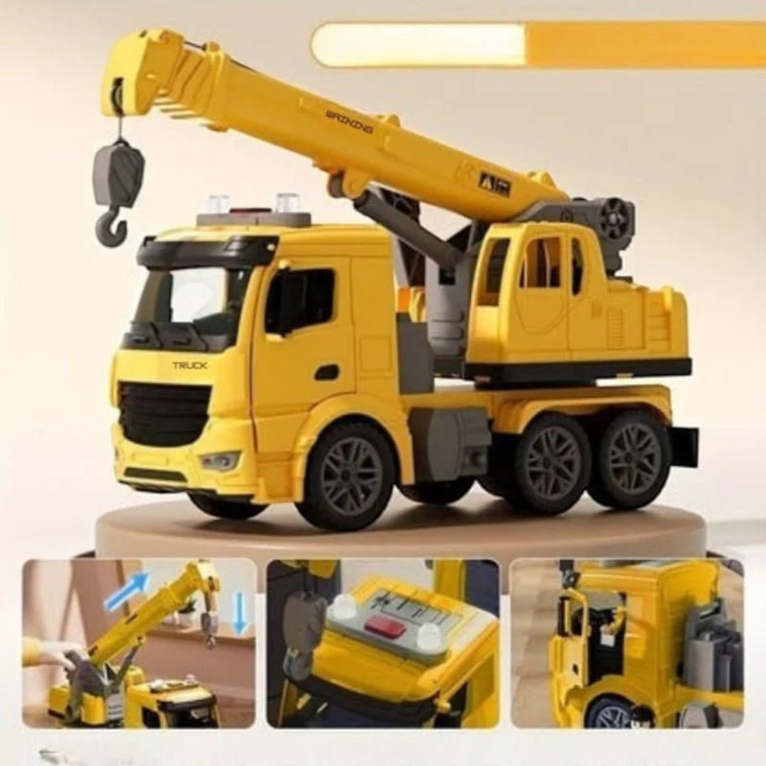 Construction crane toy with movable arm and lifting hook