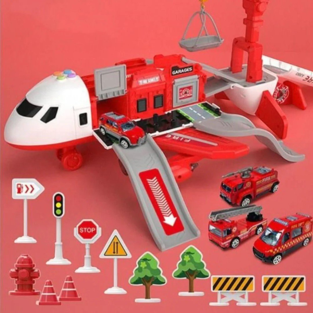 Plane and vehicles playset with opening aircraft and transport ramp