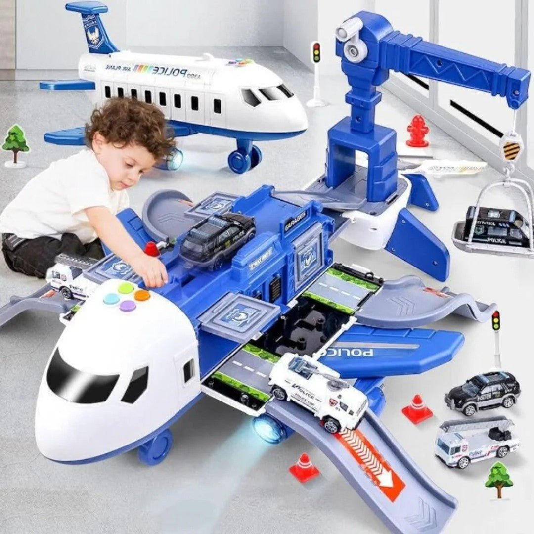 Plane and vehicles playset with opening aircraft and transport ramp