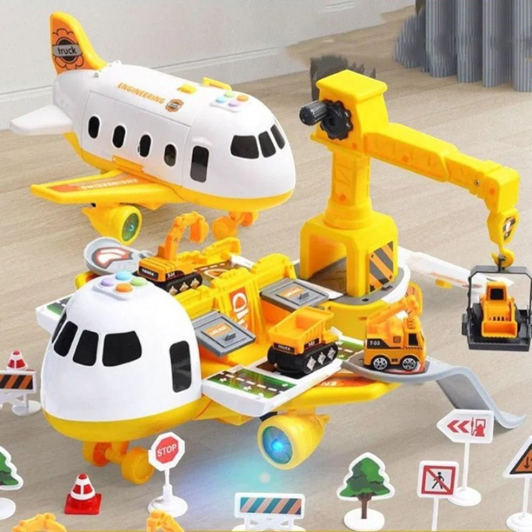 Plane and vehicles playset with opening aircraft and transport ramp