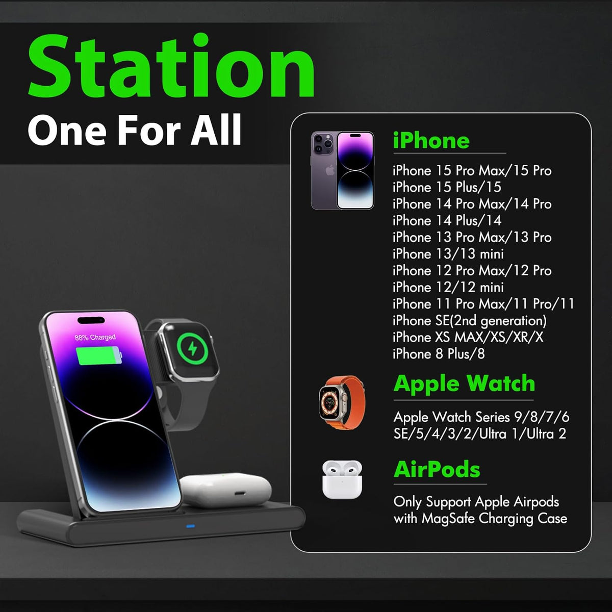 3 IN 1 Wireless Fast Charger Stand For iPhone Watch And AirPods