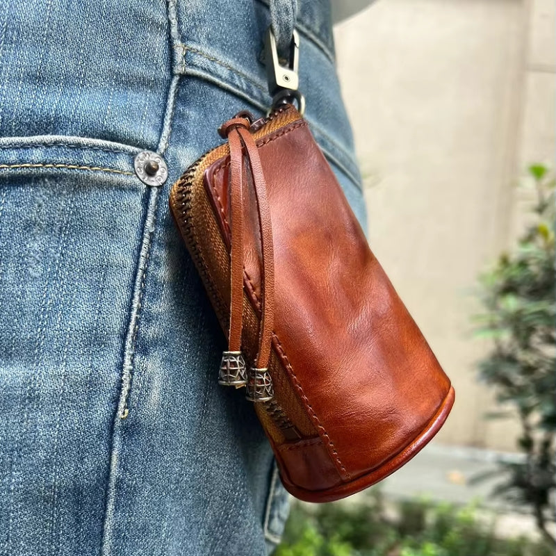 Leather Keychain Wallet with Zipper & Compartments