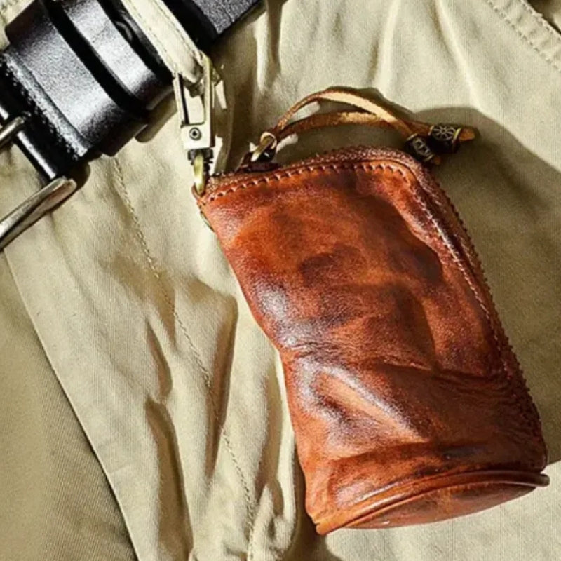 Leather Keychain Wallet with Zipper & Compartments