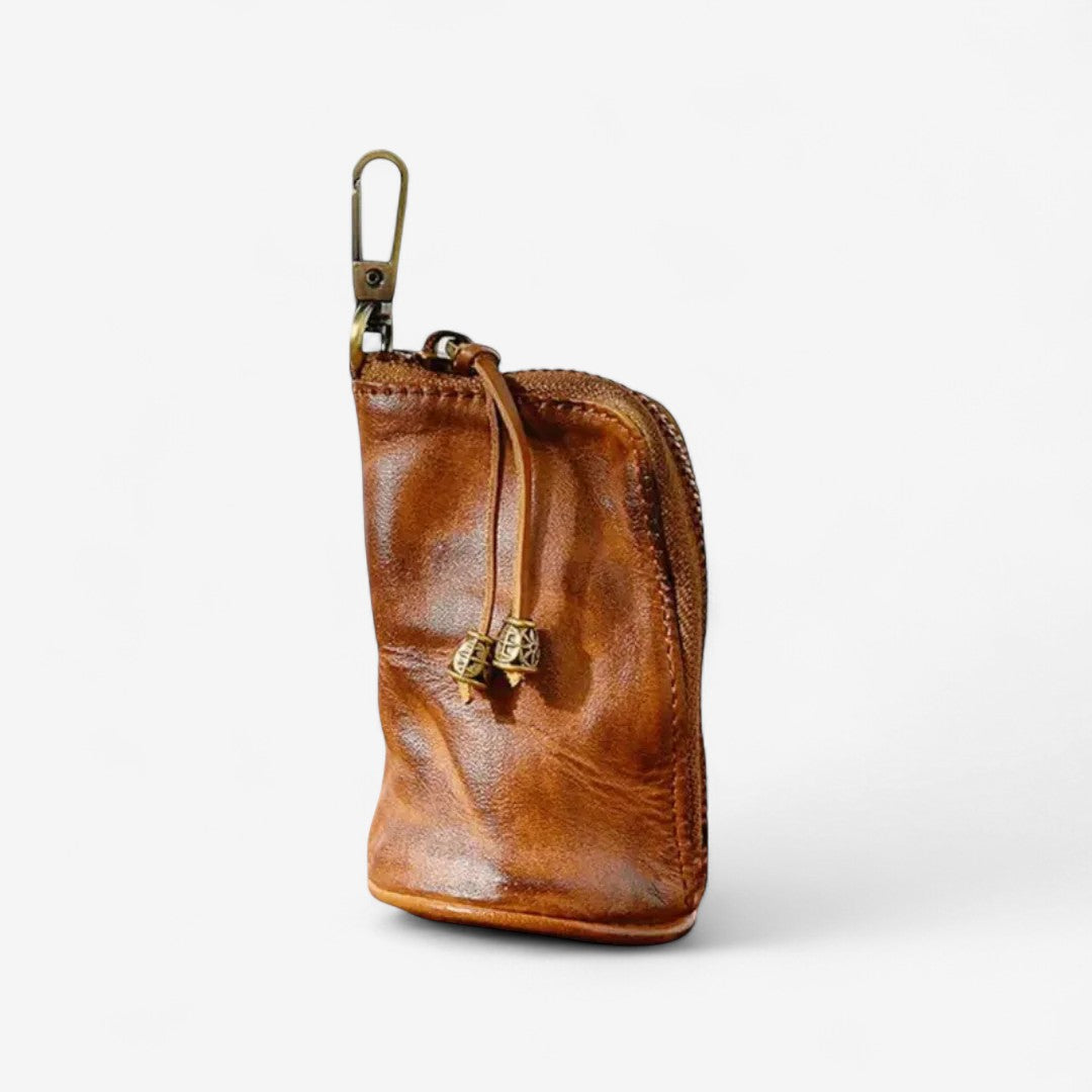 Leather Keychain Wallet with Zipper & Compartments