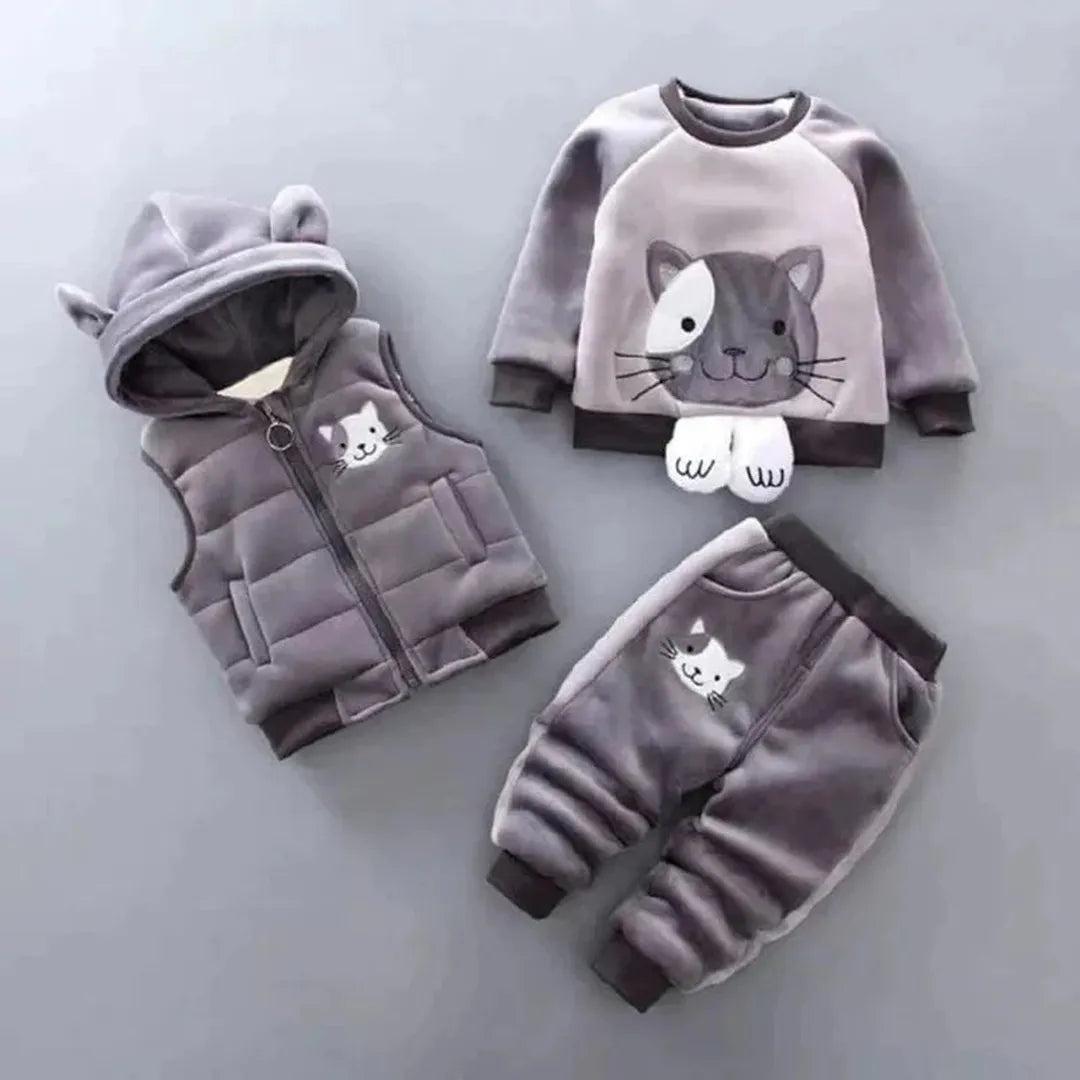 Baby three piece clothing set with hooded vest, sweatshirt and pants