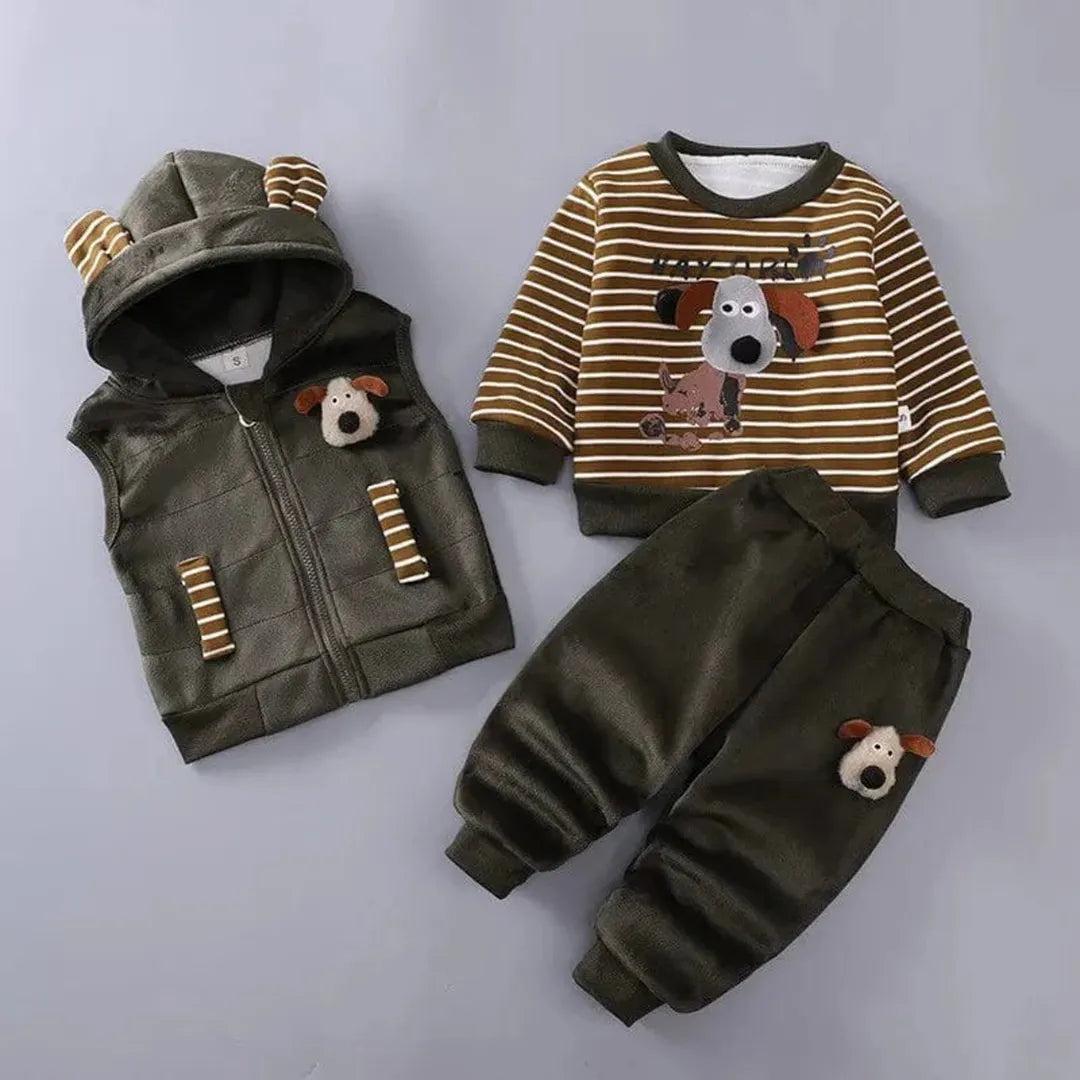Baby three piece clothing set with hooded vest, sweatshirt and pants