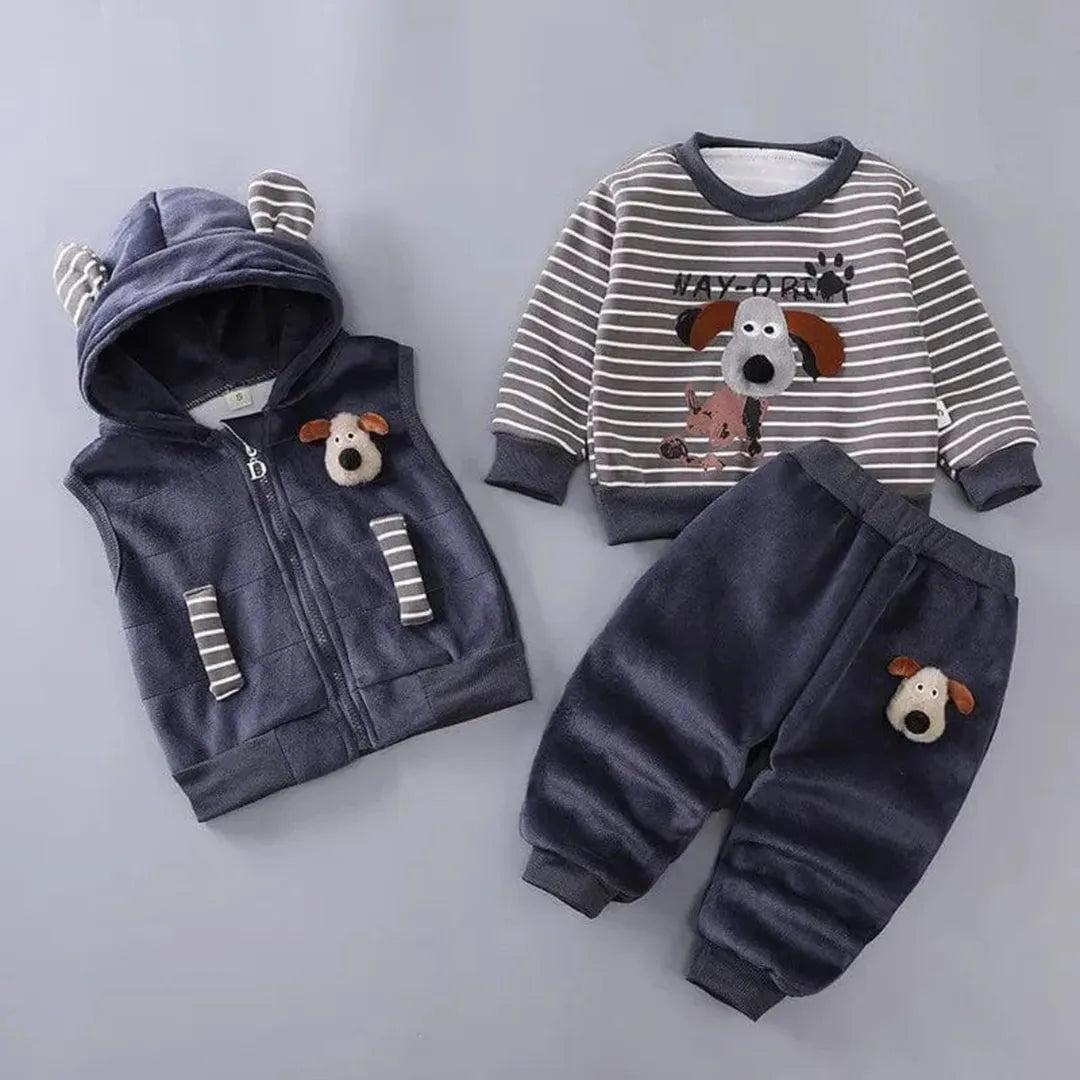 Baby three piece clothing set with hooded vest, sweatshirt and pants