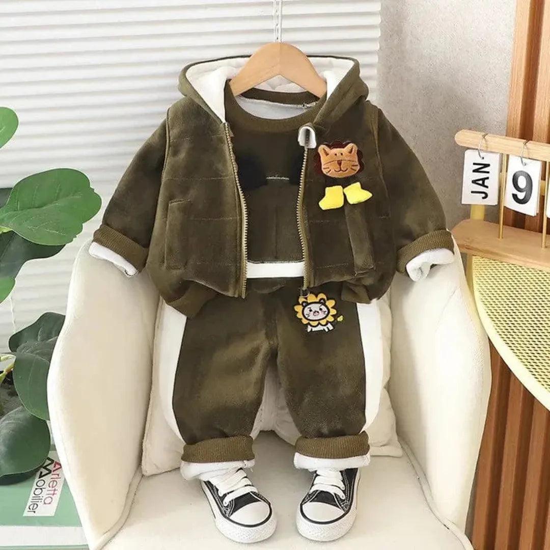 Baby three piece clothing set with hooded vest, sweatshirt and pants