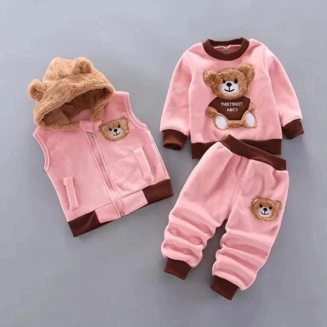 Baby three piece clothing set with hooded vest, sweatshirt and pants