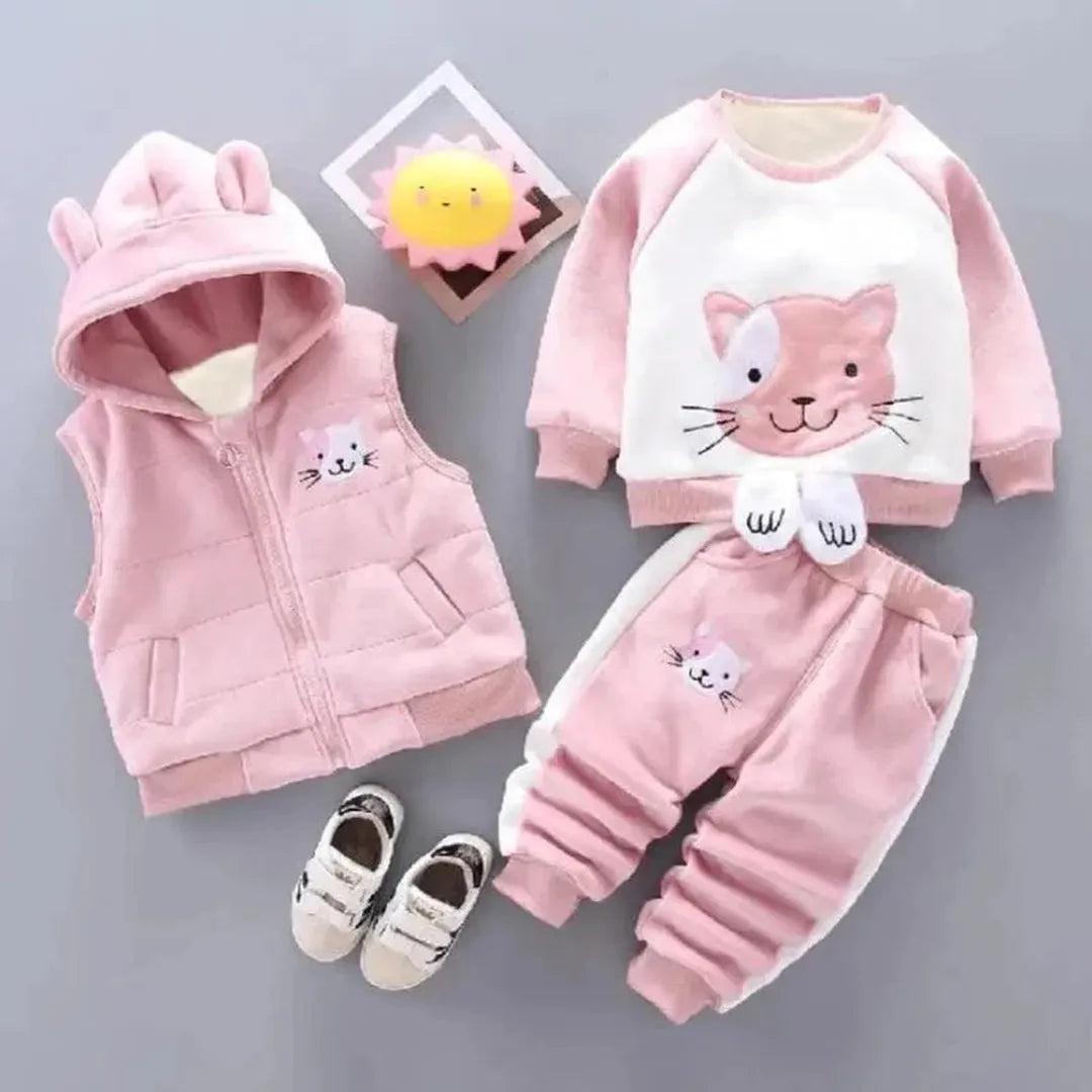 Baby three piece clothing set with hooded vest, sweatshirt and pants