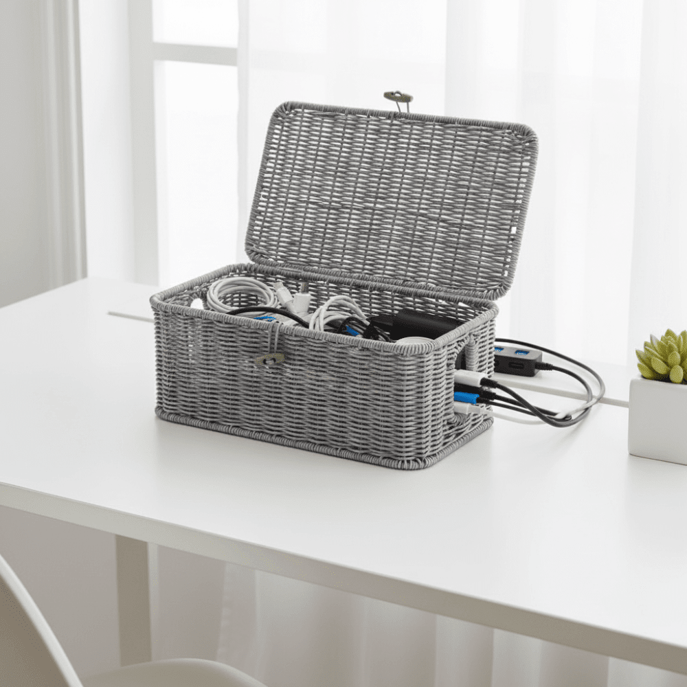 Cable Organizer Box Woven Style Storage Lid Home Office