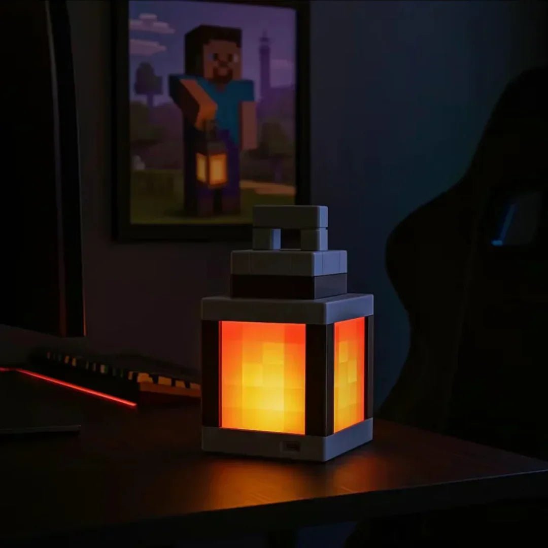 Pixel block lantern lamp lit in a gaming room