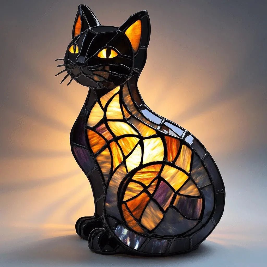Table Lamp Stained Glass Cat Light Warm Ambient Home Lighting