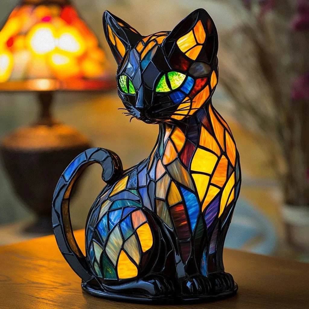 Table Lamp Stained Glass Cat Light Warm Ambient Home Lighting